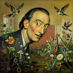 'Life from death' An aesthetic horror painting depicting 'A slaughterhouse interior with plants and flowers growing all over it, birds and insects flying all around it' by Salvador Dali, Trending on cgsociety artstation, 8k, masterpiece, cinematic lighting, vibrant colors.