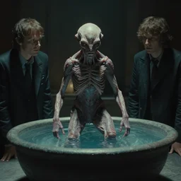 strange creature in a vat, water caustics, film still from the movie directed by denis villeneuve and david cronenberg with art direction by h. r. giger and bernie wrightson