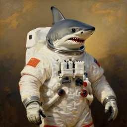 shark - headed cosmonaut, proudly posing for a portrait, painted by rembrandt, intricate, detailed, atmospheric lighting, golden hour.