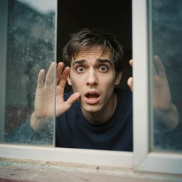a frightened man peeks through a window, kodak ectar 100 film