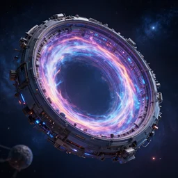 intergalactic stargate portal to another world with a swirling plasma energy field and stars in the background, highly detailed, complex technology