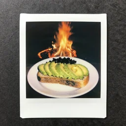 polaroid picture of avocado toast, hell, fire, lava, magma, horror, side view