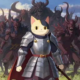 anthropomorphic cat in plate armor commanding an army of demons, award winning digital art by Makoto Shinkai