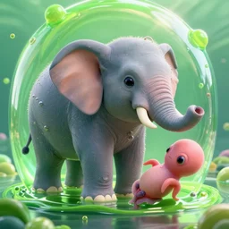 a hybrid elephant!! squid!! fetus growing in a giant green bubbling liquid, octane render, caustics, 4 k, trending on artstation, cute, realistic, vibrant