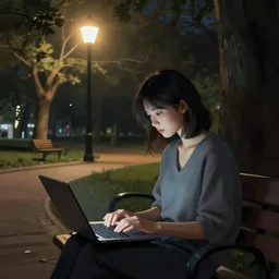 a girl working on her laptop, city park, street lighting, dramatic, greg rutkowski, digital painting