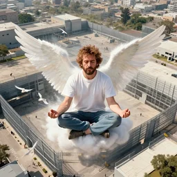 birds eye view of el chapo exploding out of prison in deep meditation. clear sunny day. 4k. el chapo inspired. angel.