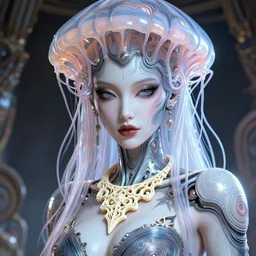 closeup portrait of an absurdly beautiful, graceful, sophisticated, fashionable cyberpunk mechanoid gravure idol, an ultrafine hyperdetailed illustration by irakli nadar, matt wisniewski style, fashion photography, intricate linework, porcelain skin, jellyfish headdress, fractal ivory carved necklace, unreal engine 5 highly rendered, global illumination, radiant light, detailed and intricate environment