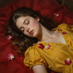 beautiful oil matte portrait painting, young woman with closed eyes lying on a red bed sheet wearing a mustard yellow dress covered in rose petals, detailed face, wonderful masterpiece highly detailed, beautiful cinematic light deep focus, elegant, digital painting, smooth, sharp focus, golden ratio, dramatic illumination, ultra realistic, 8 k, art by jimmy law