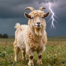 real life photo of a beautiful Guernsey golden goat, full body photoshoot, curly golden hair, brown watery eyes, full round face, short smile, short horns, serene field setting, cinematic lightning, medium shot, mid-shot, highly detailed, trending on artstation, Unreal Engine 4k, 80mm, 85mm, cinematic wallpaper
