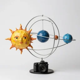 a kinetic sculpture of this solar system, sun, orrery, canon 5 d 5 0 mm lens, papier - mache, studio, circa 2 0 3 7