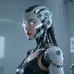portrait photo of female dancer as a cyberpunk mecha humanoid robotic head shoulder parts with straight bright led lights, under a shower, photorealistic and detailed, 8 k