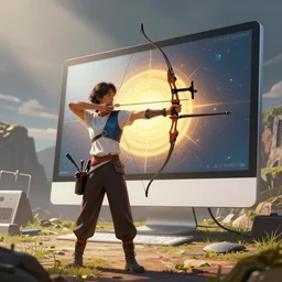archer in fix costume shooting at giant computer, hd, digital art