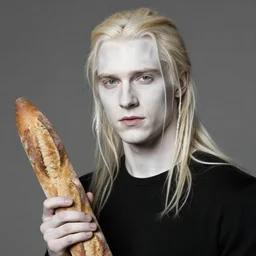 portrait of a young androgynous Henry Cavill with long blond hair and side braids by peter Paul rubens, holding a baguette, very very very very pale white skin platinum blond hair