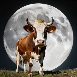 wide angle view, colored photo of a cow wearing circle crown on the moon, photorealistic, detailed, 8 k