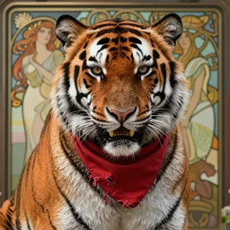cinematic portrait of anthropomorphic tiger, masculine and ferocious, tattered red bandana by artgerm, cushart krenz, greg rutkowski, mucha. art nouveau. gloomhaven, tiger fur body, vibrant colors, sharp edges. ultra clear detailed. 8 k. elegant, intricate, octane render