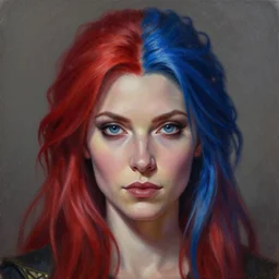 a detailed matte oil on canvas head on symmetrical portrait of a distinguished elven woman with!! red blue hair!! by charlie bowater, lise deharme, wlop, trending on artstationhd, dungeons and dragons art critical role,!! half and half hair dye!!,! split hair dye!,! two tone hair! dye