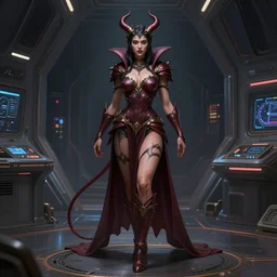 portrait of a beautiful female succubus queen in a spaceport, d & d, fantasy, full body, intricate, muscular, highly detailed, digital painting, artstation, concept art, smooth, sharp focus, illustration, art by simon bisley and greg rutkowski and alphonse mucha, t - pose, 8 k