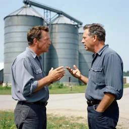 a pair of men having an argument outside of a grain silo, by norman rockwall