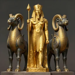 gold statue of gilgamesh, flanked by lamassu, matte painting in the style of greg rutkowski and james gurney, trending on Artstation, digital art
