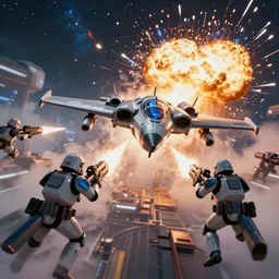 action photography, imperial jet commando troopers flying towards the battlefield, tactical warfare, blaster fire bright as neon, huge explosions, total chaos, epic star wars space battle, alien world, trending on artstation, hi - res, 8 k, hyperrealist, breathtaking, groundbreaking, awe - inspiring, award - winning, octane render, unreal engine 5, arnold render, cinema 4 d