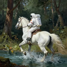 an astronaut riding on the back of a white horse through a forest, crossing a river, a detailed matte painting by frieke janssens, featured on cgsociety, fantasy art, matte painting, reimagined by industrial light and magic, matte drawing
