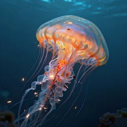 jellyfish alien vehicle, sparks, ultra realistic, underwater, cinematic lighting, highly detailed, sharp focus, artstation, masterpiece, art by greg rutkowski