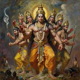 an epic dramatic Asura King Ravan with (((ten heads))), from Ramayan , by Bruce Pennington, by Wayne Barlowe, by Greg Rutkowski, oil on canvas, masterpiece, detailed, dynamic, cinematic composition, beautiful lighting, view from ground, trending on artstation, top on pixiv, 8K, no frames,