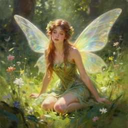 hyper realist matte digital painting of a beautifyl fairy, resembling lily cole, in a sunlit clearing, flowers, fairytale, fantasy art, photo realistic, dynamic lighting, artstation, volumetric lighting, by mucha, by charlie bowater, by karol bak, by alma tadema