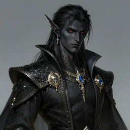 a handsome noble male dark elf, obsidian skin, jewels, fantasy, intricate, elegant, highly detailed, digital painting, artstation, concept art, sharp focus, illustration