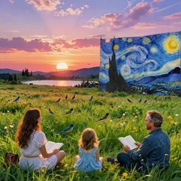 a beautiful grassy meadow at sunset, birds, lake, by anton fadeev, alena aenami, vincent van gogh!!!, digital art, concept art, vibrant, colorful, trending on artstation