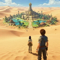 character looking at a godly ancient isolated sacred spiritual alien village built in the lush oasis of a vast hot sand desert, 3 rd person action adventure, screenshot, gameplay, final fantasy, square enix, jrpg, cutscene, unreal engine, 4 k, ultra high settings, rtx, next gen graphics, playstation 5, greg rutkowski, tetsuya nomura