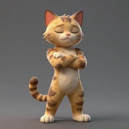 A female cat anthropomorphic cartoon character posing with arms crossed and eyes closed. Her fur is matted and dirty. The pose is dramatic, showing off her muscular physique. Concept art, video game art, sharp focus, natural lighting, full body, extremely detailed, trending on artstation