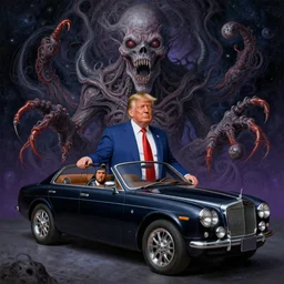 donald trump as a used car salesman, cosmic horror painting, elegant intricate digital painting artstation concept art by mark brooks and brad kunkle detailed