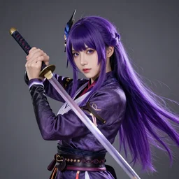 beautiful female warrior with long purple hair and katana wearing diadem