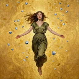 epic painting, full figure portrait of beautiful goddess wearing olive dress, flying porcelain teacups, drawing, photography by amy leibowitz, wlop, jeremy lipkin, beeple, intricate golden fractals, team leaves flying in the sky, symmetrical front portrait, artgerm, golden glowing background
