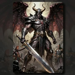 a male horned demon fighter with a huge sword and wings, dim light, front game card, marvel comics, dark, intricate, highly detailed, smooth, artstation, digital illustration by ruan jia and mandy jurgens and artgerm and wayne barlowe and greg rutkowski and zdislav beksinski