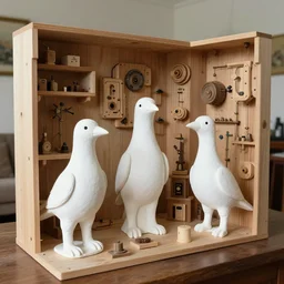 realistic photo of a three birdmen sculptures made of white clay, in a living room sci - fi laboratory with many wooden gadgets made of wood interior is made of wood 1 9 9 0, life magazine reportage photo, natural colors