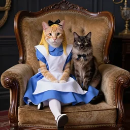 two beautiful cats on an old armchair, alice in wonderland, detailed, stylo of tim burton