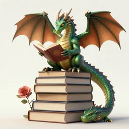 a dragon reading book on top of a book stack
