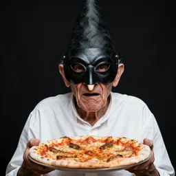 portrait photo of an old wrinkled man, skinny face, bony face, long nose, crooked nose, large full mouth, black pulcinella masquerade mask, pointy conical hat, white wrinkled shirt, presenting pizza, black background, close - up, skin blemishes, menacing, intimidating, photo by letizia battaglia