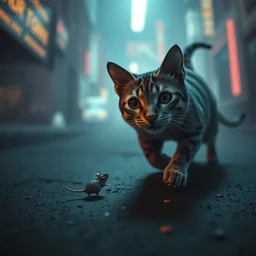 a mouse being chased by a cat, cat chasing mouse, by mark ryden in cyberpunk environment, 4 k ultra high resolution, horror, long camera shot