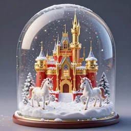 a golden and red rocococastle in a snowglobe with unicorns and snow falling, rainbow colored sparkels, insanely detailed, 8 k, 3 d, masterpiece