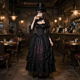 full body portrait photo of reol wearing a elegant gothic dress, open top, wearing a tophat, and glasses. drinking coffee in a busy steampunk cafe interior, dim studio lighting, at night, ( ( photograph ) ), moody, realistic