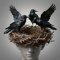 nest on human head, nest like a wreath, cruelty, black crows, light effect, hyper detailed, intricate, elegant, highly detailed, digital painting, artstation, concept art, matte, sharp focus, illustration, by dan mumford, yusuke murata, makoto shinkai, ross tran