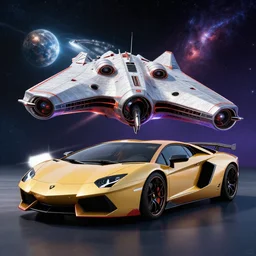 epic lamborghini space starship positioned behind a laborghini car, beautiful space background, technicolor, 4 k, super sharp, ludek pesek, rick guidice, chesley bonestell, lucien rudaux, rolf klep, fred freeman, george pal, wlop