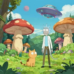 illustration of a cat in a colorful forest landscape, giant mushrooms, a ufo in the sky, unknown planet, by studio ghibli, rick and morty style. anime film, cinematic shot, artstation, insanely detailed, 4 k.