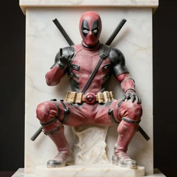 a statue of deadpool, carving, marble