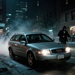 Audi A4 B6 Avant (2002) chased by the mafia, a gritty neo-noir, dramatic lighting, cinematic, establishing shot, extremely high detail, photorealistic, cinematic lighting, artstation, by simon stalenhag, Max Payne (PC) (2001) winter new york at night, dark night, bright lights, eldritch horror