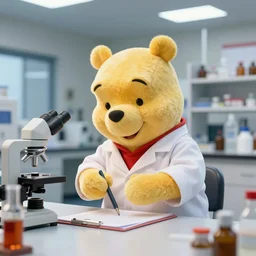 winnie the pooh dressed in a lab coat working in a brightly lit laboratory