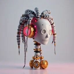 a hairy robot with braids made from porcelain and brass, neon colors, studio lighting, calm, ambient occlusion, octane render
